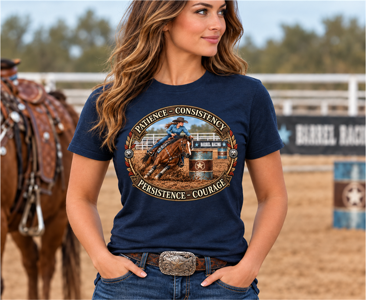 A woman wearing a navy blue graphic t-shirt with a barrel racing design, standing in a rodeo arena with a horse in the background.