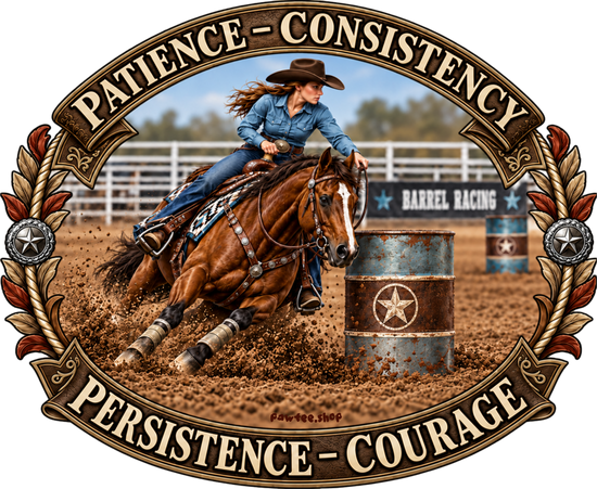 A decorative oval graphic featuring a woman riding a brown horse around a barrel in an arena, with the words “PATIENCE - CONSISTENCY” at the top and “PERSISTENCE - COURAGE” at the bottom. The design includes ornate scrollwork and stars, and “BARREL RACING” appears on the barrel in the scene.
