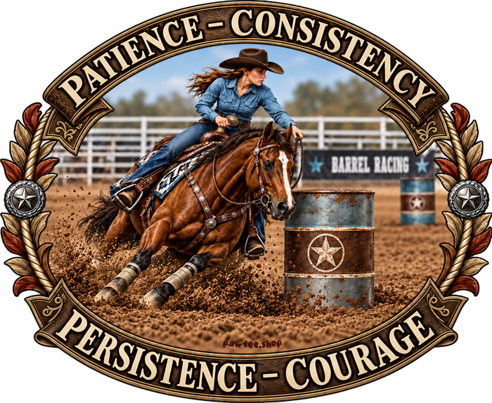 A decorative oval graphic featuring a woman riding a brown horse around a barrel in an arena, with the words “PATIENCE - CONSISTENCY” at the top and “PERSISTENCE - COURAGE” at the bottom. The design includes ornate scrollwork and stars, and “BARREL RACING” appears on the barrel in the scene.