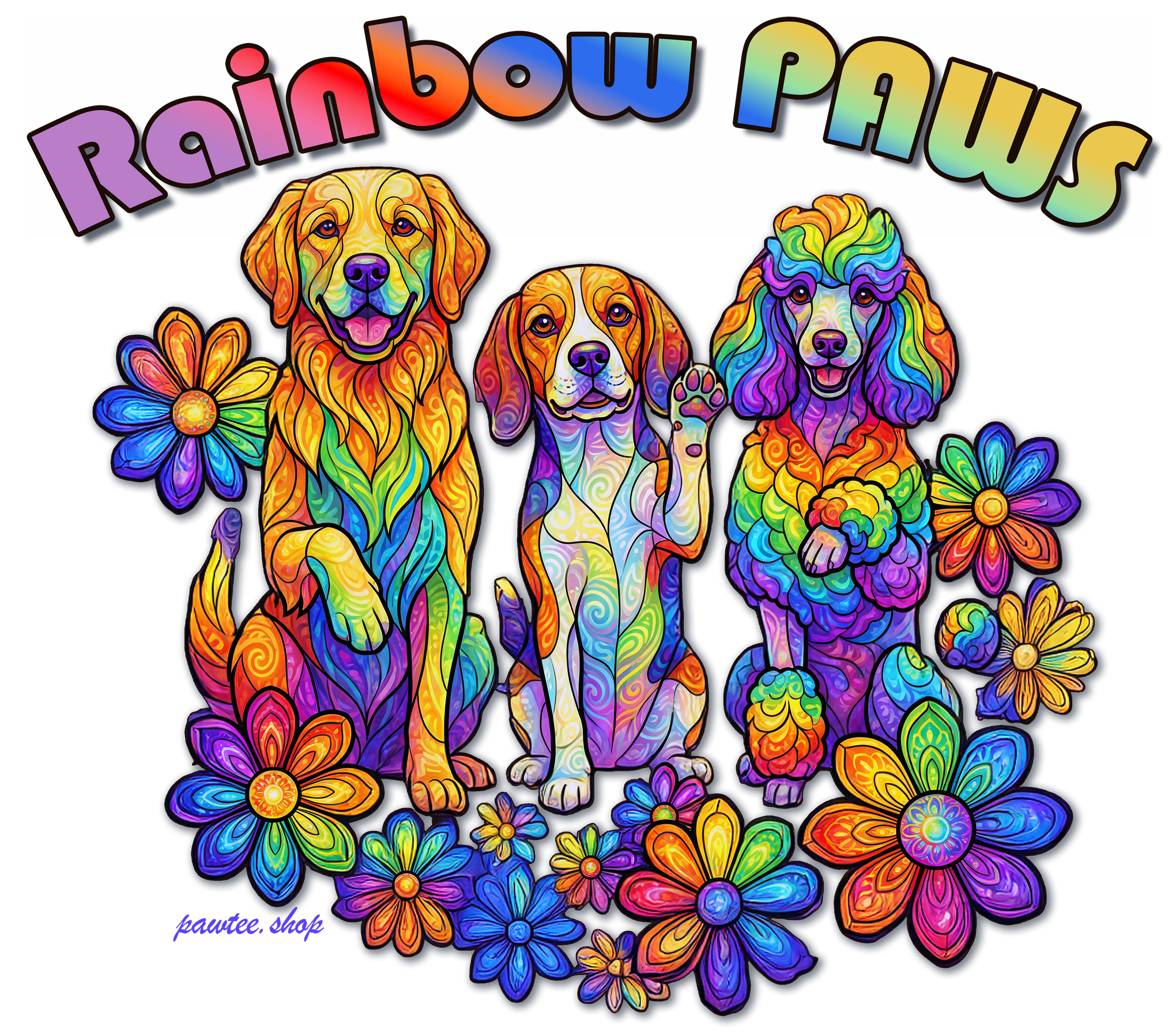 Rainbow colored dogs on a t-shirt or sweatshirt. Bring some color to your life!